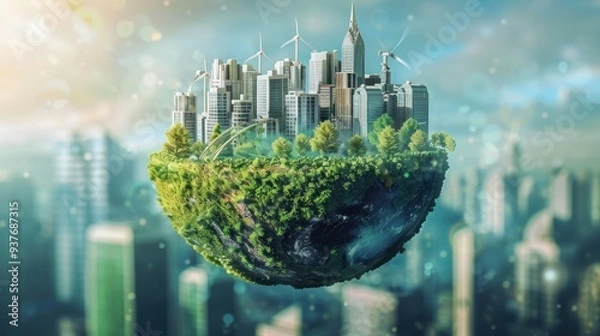 Fototapeta A clean, modern city based on renewable resources on planet earth. Environmental concept of alternative sustainable energy for an eco-friendly planet