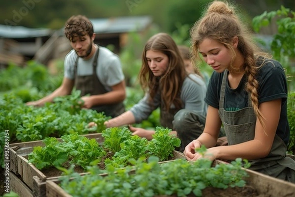 Fototapeta Community Garden Collaboration: A picture of community members tending to a shared garden, fostering a sense of unity and sustainable agriculture