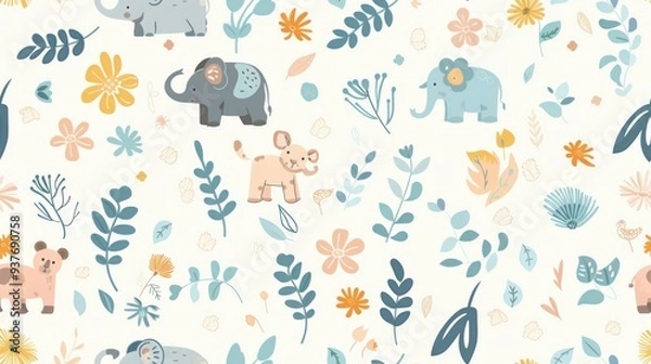 Fototapeta Seamless pattern with elephants, bear, and floral elements on white background.