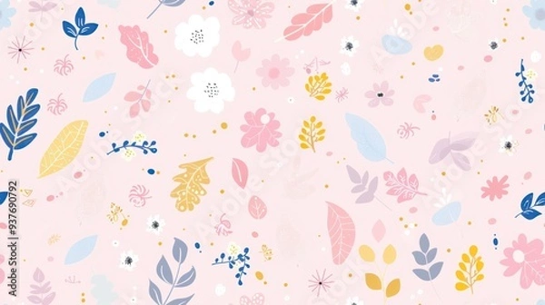 Fototapeta Seamless floral pattern with pink, blue and yellow leaves and flowers on a pink background.