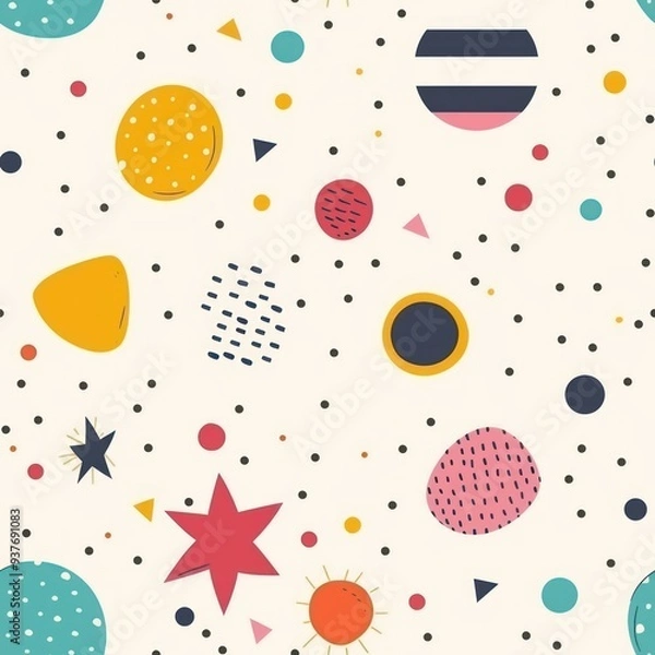 Obraz Seamless pattern with colorful geometric shapes and black dots on a white background.