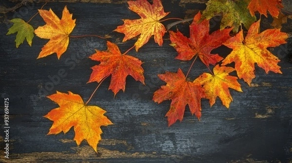 Fototapeta Maple leaves in full autumn color, glowing under the afternoon sun, set against a rustic background