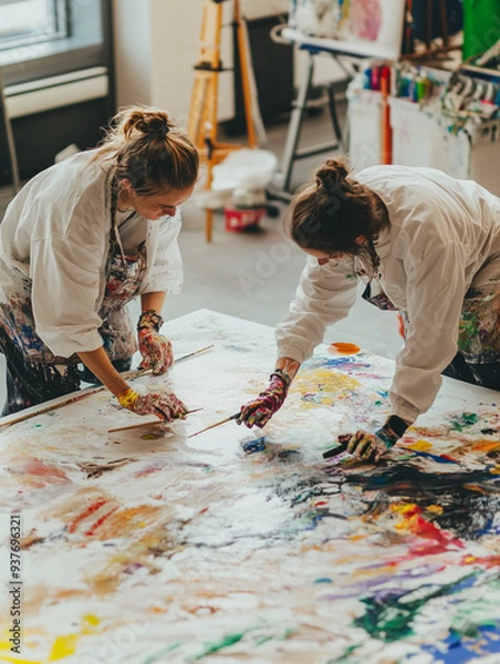 Fototapeta art therapist and a patient working together on a large collaborative mural, paint splatters on their clothes