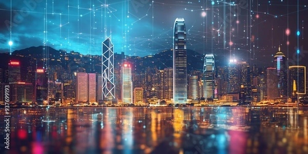 Obraz Hong Kong mesh 3D rendering city skyline illustration of blueprint architectural design showing AI innovation and construction, finance, transportation and technology. Generative AI
