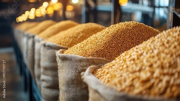 Fototapeta Soybean meal being packaged into feed bags, Main keyword soybean meal, Concept ready for distribution
