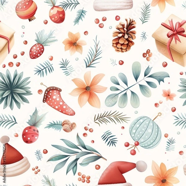 Obraz Joyful Christmas pattern with Santa hats and presents, seamless holiday paper design, festive gift wrap concept