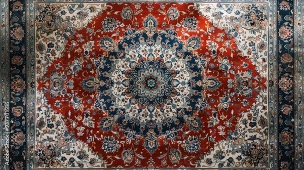 Fototapeta Exquisite Persian rug showcasing intricate patterns and vibrant colors in a cozy interior setting. Generative AI