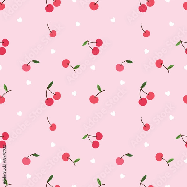 Fototapeta Seamless pattern cherry on a pink background. Vector graphics print.