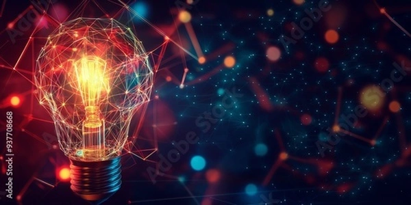 Fototapeta Abstract illustration of a glowing light bulb with red and blue network connections