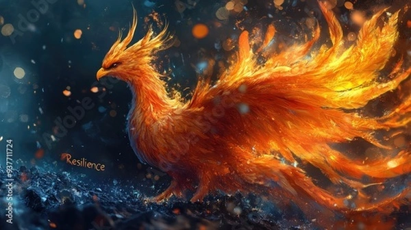 Fototapeta A phoenix rising from ashes with the word "Resilience" underneath