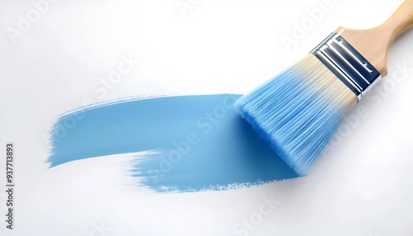 Fototapeta A person painting a smooth blue stripe on a clean white surface with a wide brush in natural light