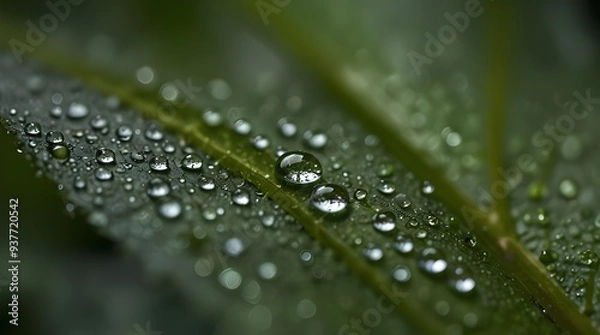 Fototapeta Close-up shot of glistening drops of water on a leaf , water droplets, macro photography, nature, wet, freshness, purity. generative.ai