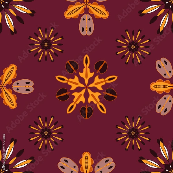 Fototapeta Abstract seamless pattern with hot yellow and maroon shapes on a cherry background.