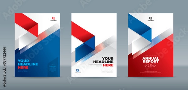 Fototapeta Modern folding ribbon theme book cover template in white, red, blue color. A4 size book cover template for annual report, magazine, booklet, proposal, portfolio, brochure, poster