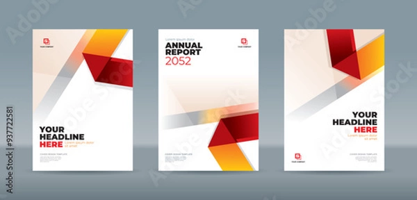 Fototapeta Modern folding ribbon theme book cover template in red, orange, white color. A4 size book cover template for annual report, magazine, booklet, proposal, portfolio, brochure, poster