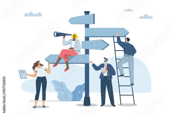 Fototapeta Determining the direction or important path of the business, Setting the right path to success, Using vision analysis to analyze the future, Business team plans to signpost for the organization.