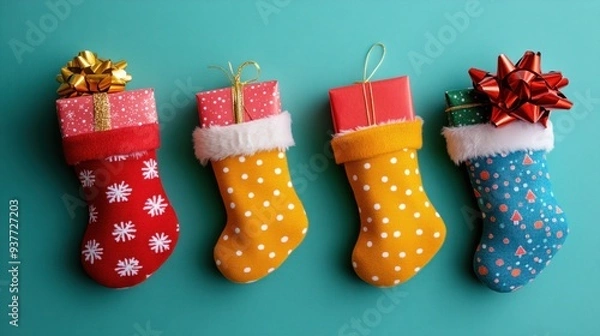 Fototapeta Festive Christmas Stockings Overflowing with Presents on a Soft Pastel Background