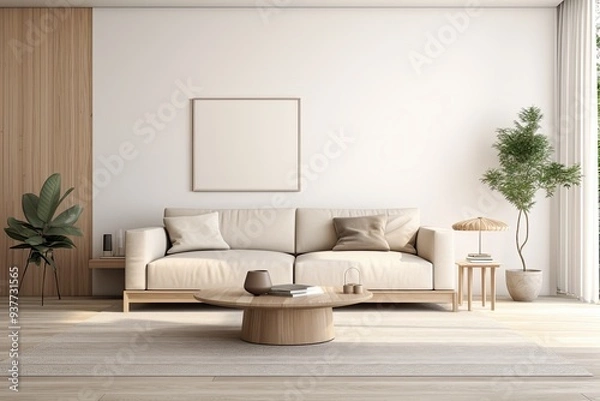 Fototapeta A pristine living room adorned with clean lines, neutral colors, and minimal furniture, embodying the essence of minimalist interior design	
