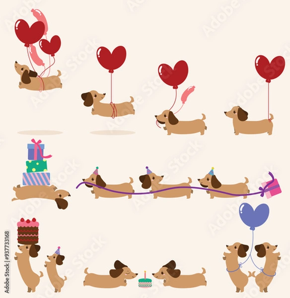 Obraz Set of Dachshund dogs, cute and party characters, flat and colorful illustration.