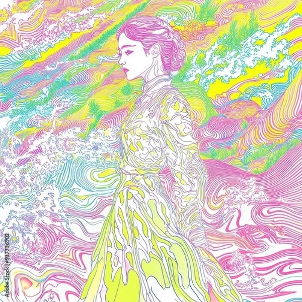 Fototapeta a woman in a long dress standing in front of a colorful background