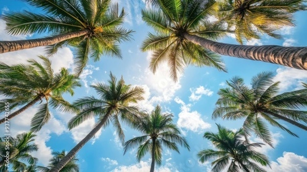 Fototapeta Looking Up at Palm Trees Against a Bright Blue Sky