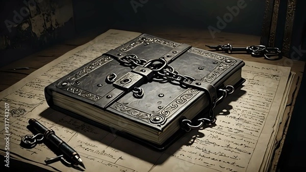 Fototapeta A chained and locked antique book on a table with a vintage quill pen.