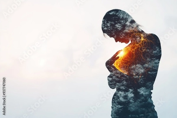 Obraz Double exposure image of a person clutching their heart in pain