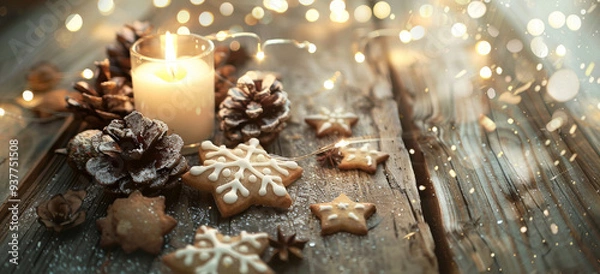 Fototapeta Christmas winter scene with Candle snowflakes, pine cones, and stars scattered around an old wooden table. A lit white candles, rustic decorations like berries and Christmas cookies.