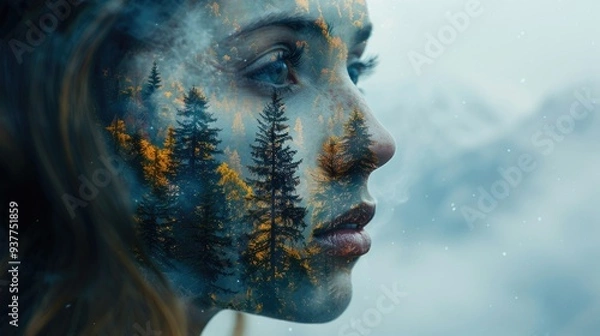 Fototapeta Combination of a silhouette of a woman's face, high mountains and forest. The concept of the unity of nature and man. Concept of the connection between man and nature, taking care of the environment