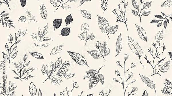 Obraz Elegant Hand-Drawn Botanical Leaf Pattern, Black and White Minimalist Nature Illustration