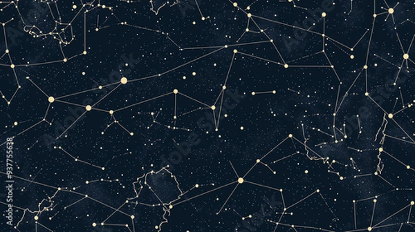 Obraz Seamless Starry Night Sky Pattern with Constellations on Dark Blue Background