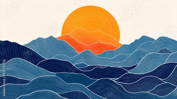 Obraz Vibrant Abstract Landscape with Sunrise and Wavy Blue Mountains