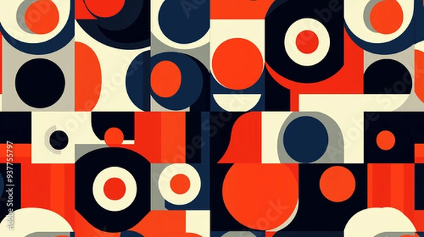 Obraz Bold Abstract Geometric Pattern with Retro Circles and Shapes in Red, Black, and Cream