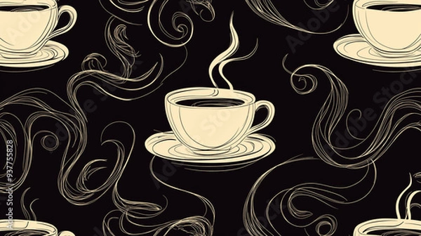 Obraz Seamless Coffee Cup Pattern with Elegant Swirls on Dark Background