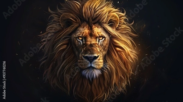 Fototapeta Create a detailed illustration of a lion's head with a majestic mane, showing realistic textures and vibrant colors. generative ai