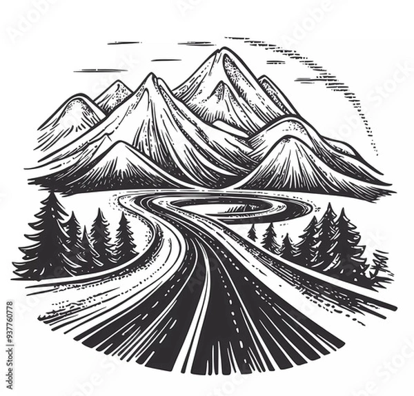 Obraz Hand-drawn vector illustration of a curved highway road with mountains in the background