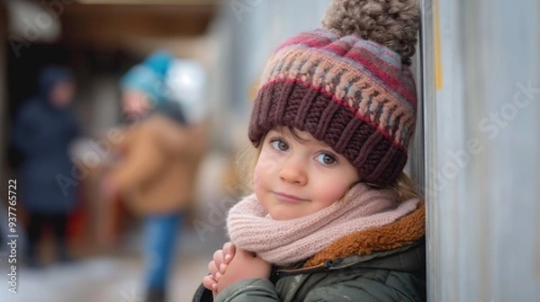 Fototapeta Migrant mother and child waiting in line at a food bank, expressions of patience and need, sense of community support and struggle, indoor setting with volunteers distributing supplies