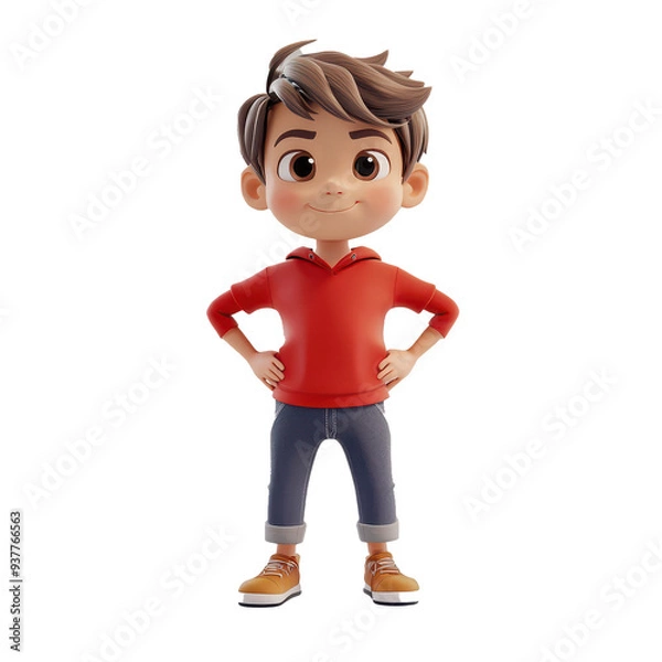Fototapeta A cheerful cartoon boy with brown hair, wearing a red hoodie and jeans, standing confidently with hands on hips.