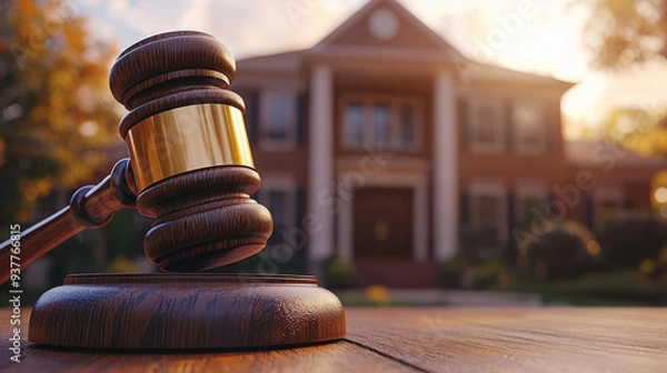 Obraz Photo of a wooden gavel on a table with a blurred house in the background. Real estate auction and foreclosure concept