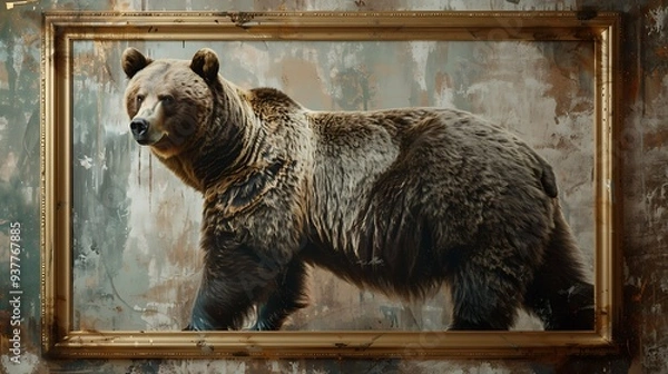 Obraz Create a hand-made painting of a powerful grizzly bear standing tall, displayed with a luxurious gold frame mockup on a wall. generative ai