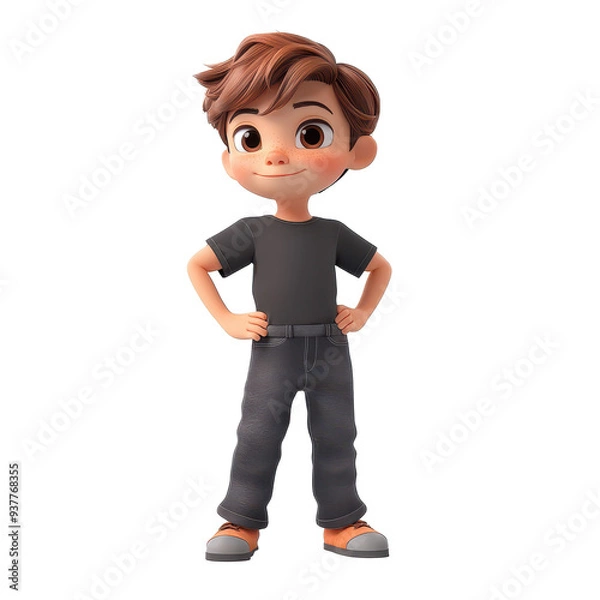 Fototapeta A cheerful animated boy stands confidently with a smile, wearing casual clothes, perfect for children-related themes or projects.