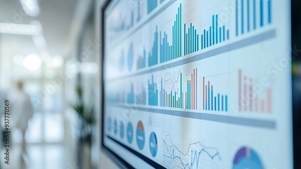 Obraz Detailed data visualization on a modern screen in an office environment showcasing various bar charts and graphs.