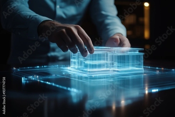 Obraz Businessman's hand touching house hologram with digital data in office background