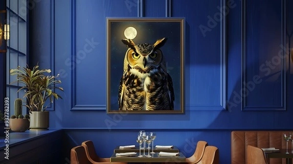Fototapeta Create a sophisticated restaurant interior with royal blue walls, displaying a hand-made painting of an owl in the moonlight in a contemporary frame mockup. generative ai