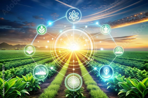 Fototapeta Flat AI Driven Agriculture Concept: Innovative & Sustainable Farming with Glowing Elements in Abstract Digital Art Banner - Smart Business Tone - Vector Illustration