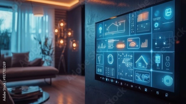 Fototapeta A smart home control center with a large touchscreen interface, where a user interacts with AI to manage lighting, security, and entertainment systems