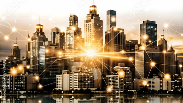 Fototapeta Flat AI Driven Smart Cities Concept: Dynamic Abstract Digital Art Banner Showcasing the Impact of AI on Urban Development - Vibrant Colors Represent Innovation, Sustainability, and Efficiency. Simple 