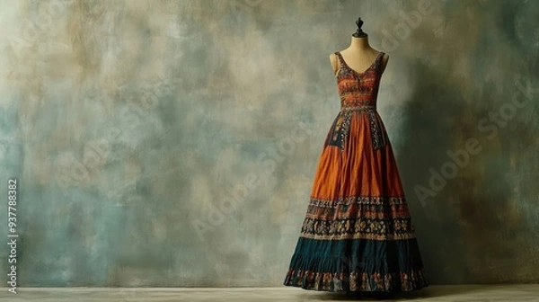 Fototapeta European bohemian-style dress on a mannequin, front view, no people, with ample copy space and clean background.