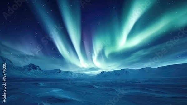 Fototapeta A captivating display of aurora flows with bright, flowing lights over a snow-covered landscape.
