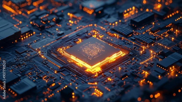 Fototapeta Futuristic AI Chip Illuminating a Vast Digital Network: Symbolizing Nvidia’s Technological Dominance and Strategic Sustainability